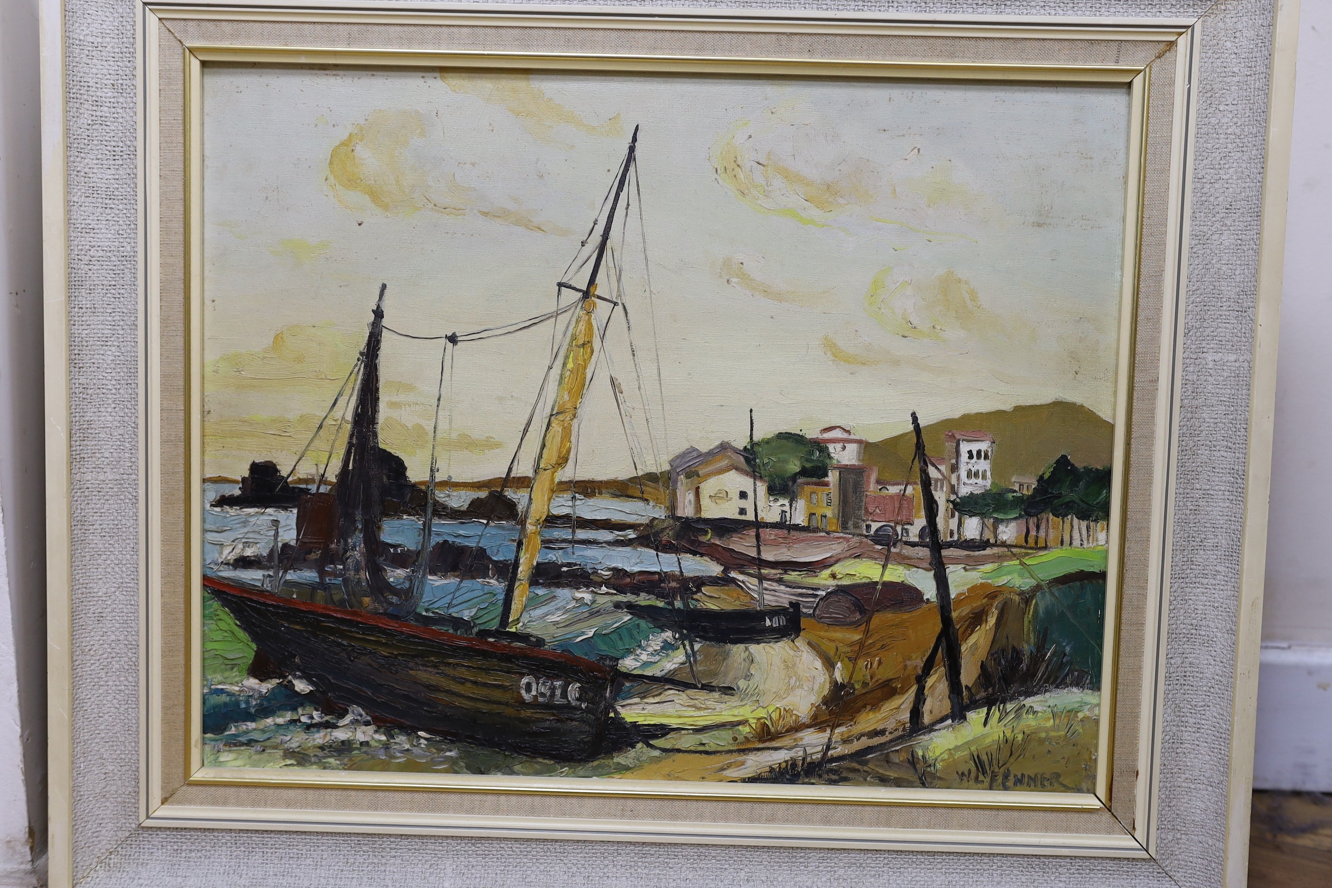 Walter Leslie Fenner (1927-2007), five oils and a watercolour, Coastal view and assorted landscapes, signed, largest 38 x 49cm